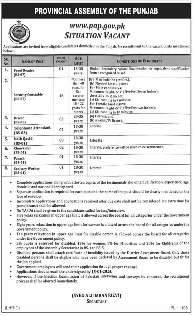 Latest Provincial Assembly Punjab Jobs 2024 Online Apply