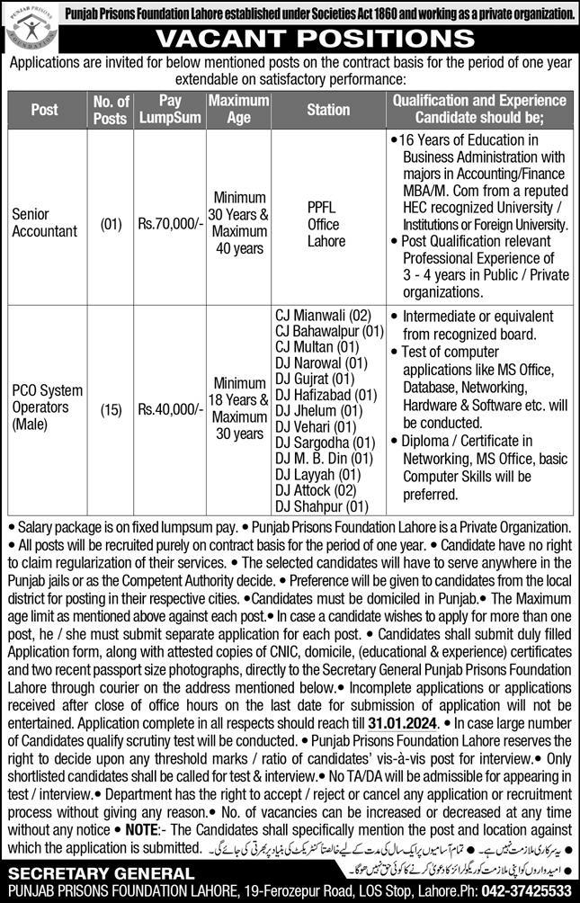 Latest Punjab Prisons Foundation Jobs 2024 Online Apply