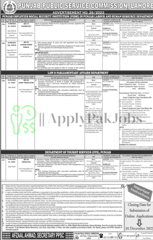 Latest Punjab Public Service Commission No 26/2023 Jobs
