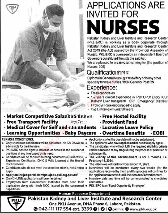 Latest Nurse Jobs Kidney And Liver Institute In Lahore 2023