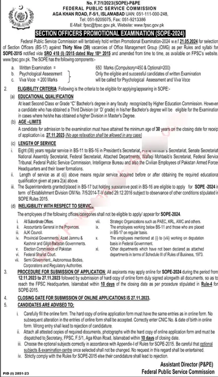 Latest Fpsc Section Officers Examinations Jobs 2023/2024