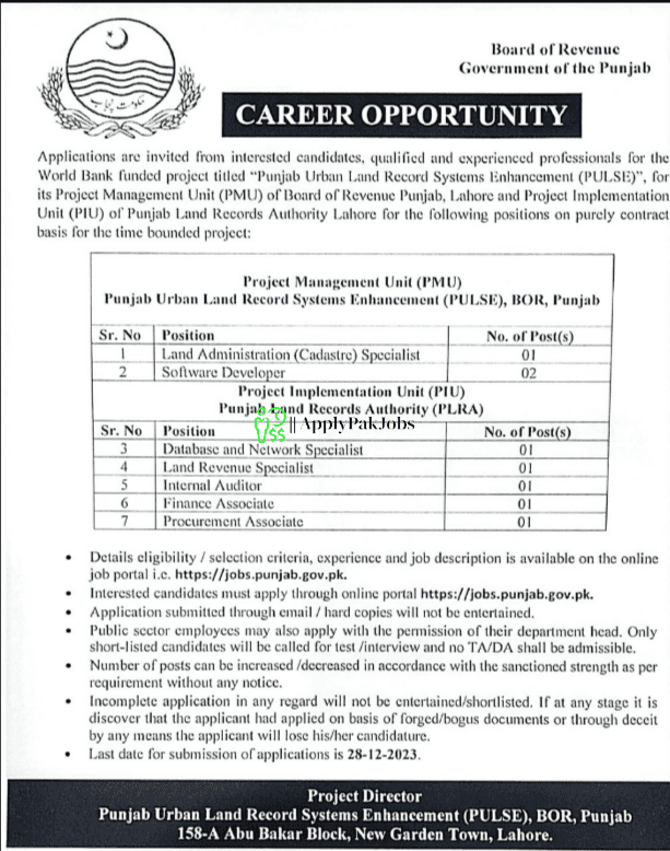 Latest Board Of Revenue Punjab Jobs 2023 Online Apply