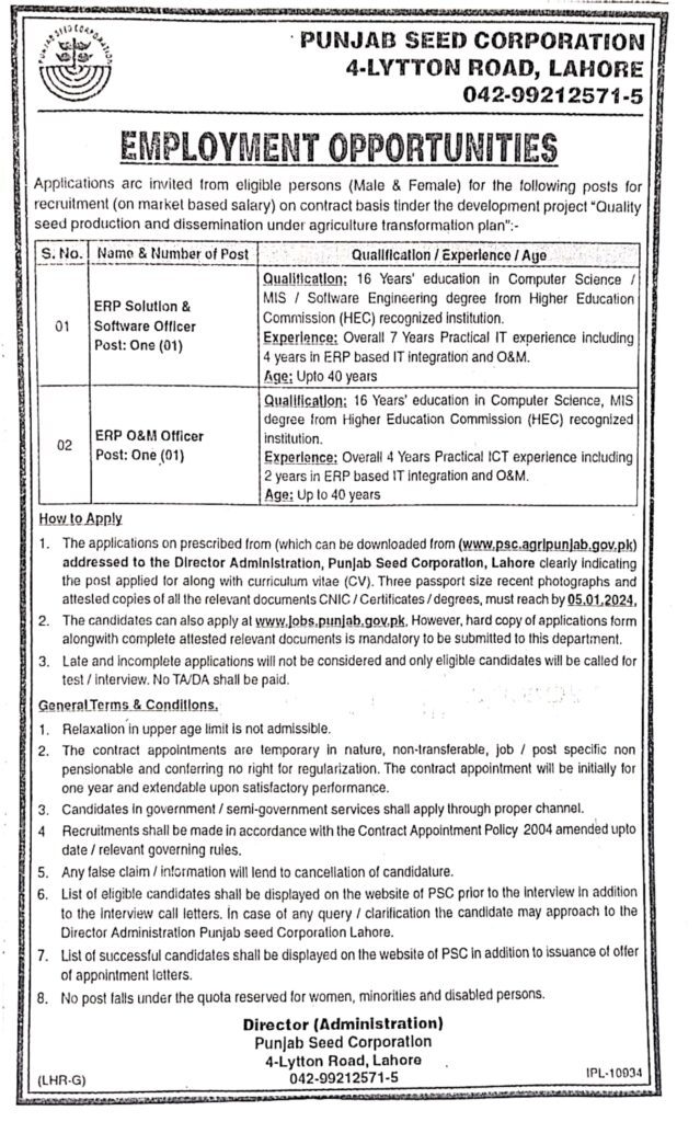 Punjab Seed Corporation Latest Jobs 2024 Online Apply