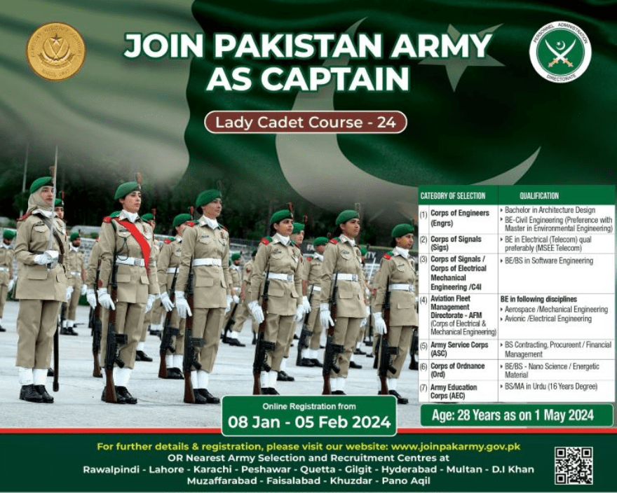 Join Pakistan Army As Captain Lady Cadet Latest Course 2024 