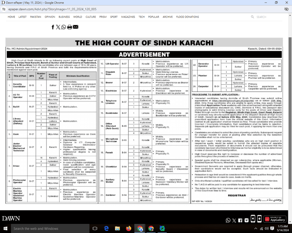 Latest Sindh High Court Jobs 2024 Online Apply