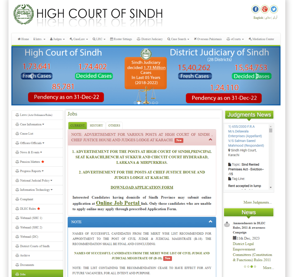 Latest Sindh High Court Jobs 2024 Online Apply